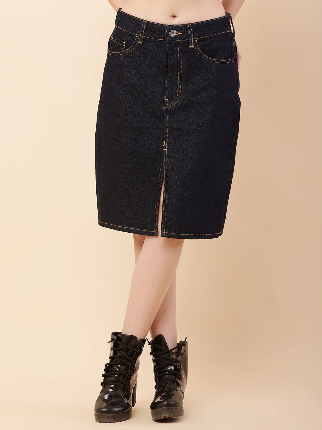 Women Dark Blue Front Slit Denim Skirt - Image 2