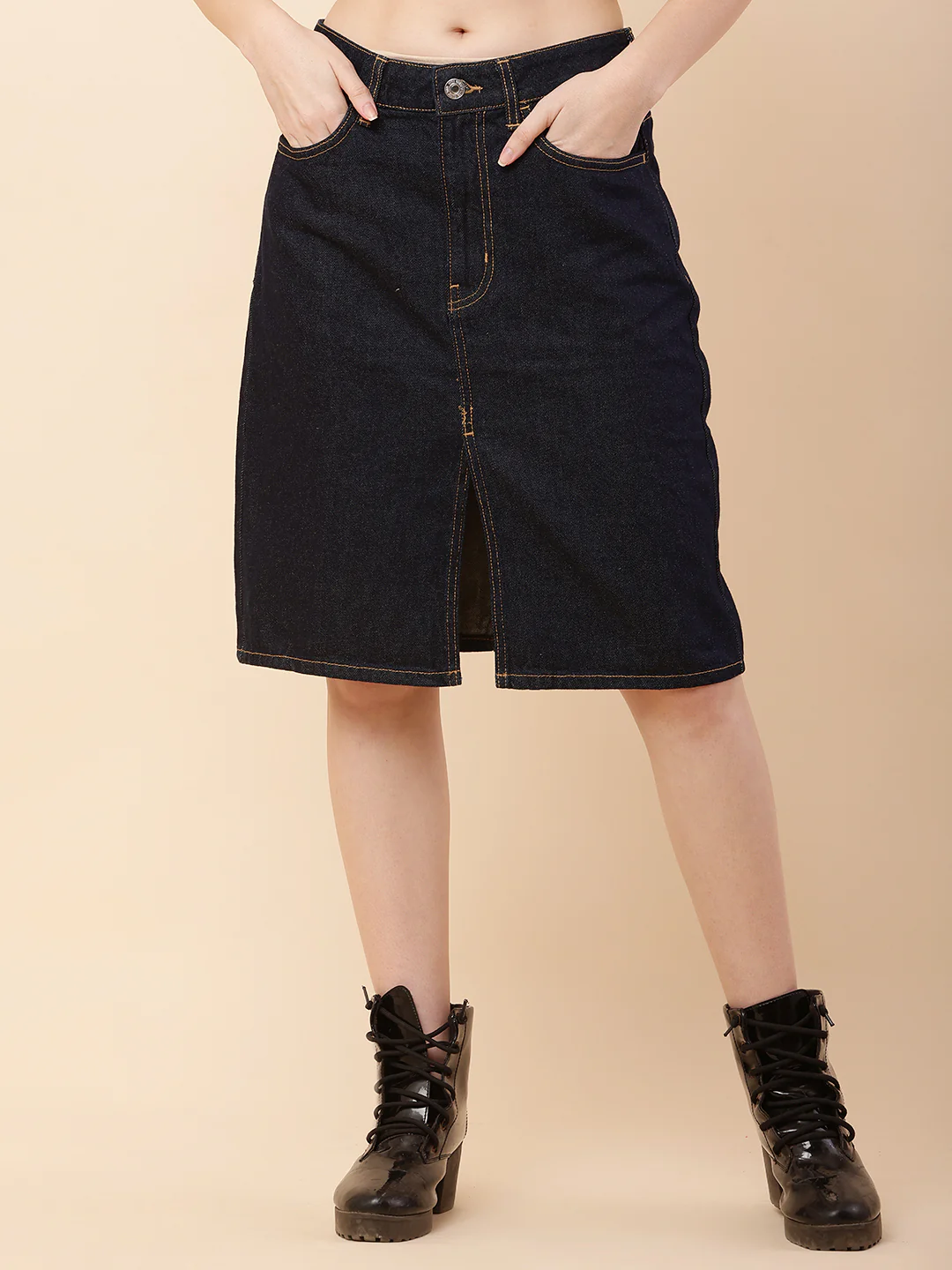 Women Dark Blue Front Slit Denim Skirt - Image 3