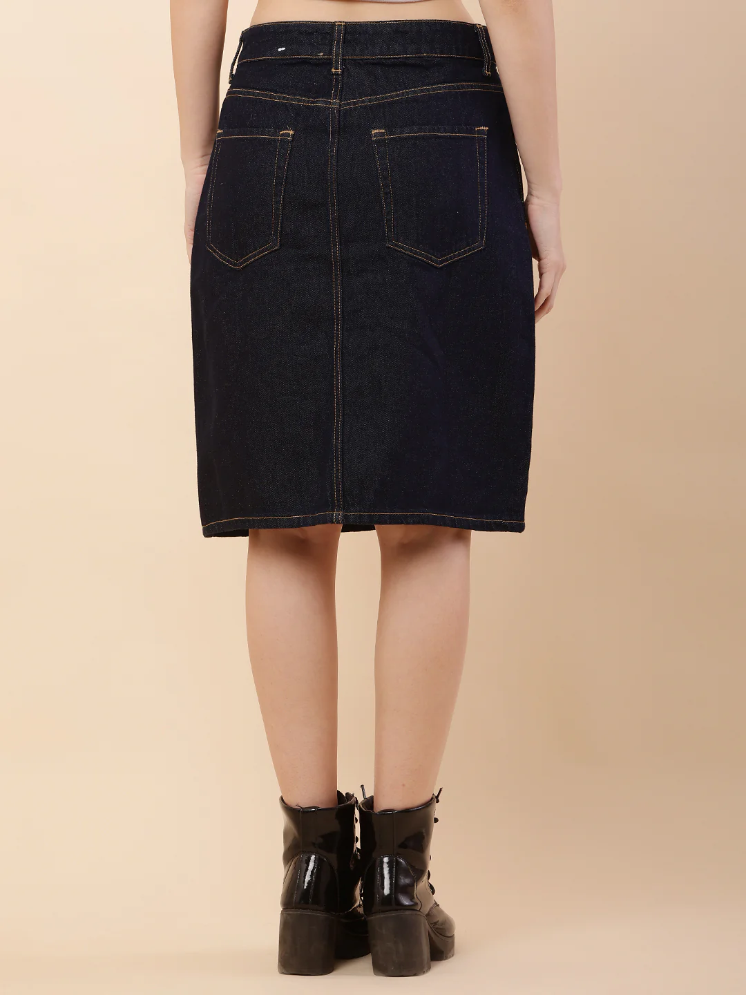 Women Dark Blue Front Slit Denim Skirt - Image 4