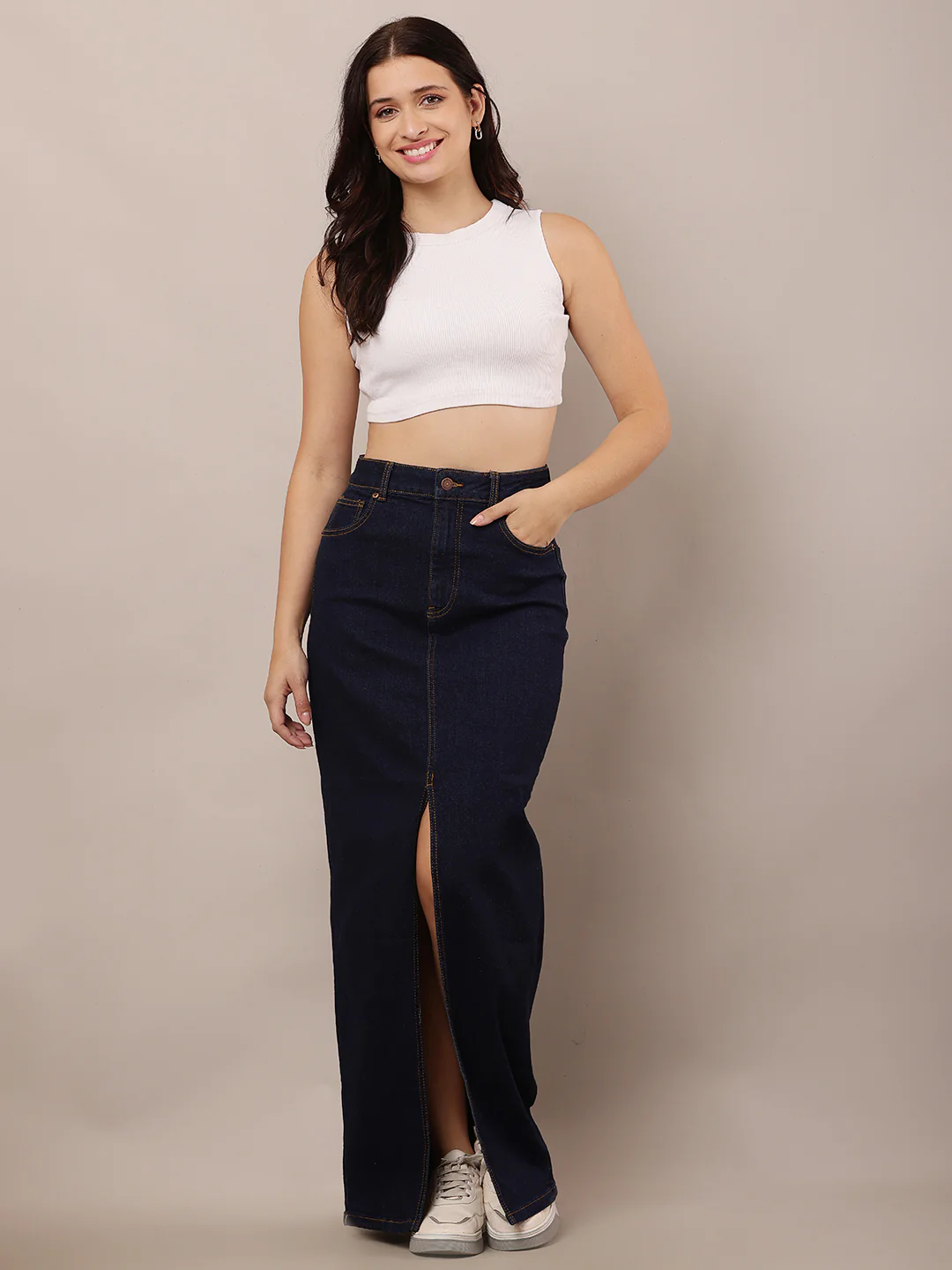 Women Dark Blue Slim Fit Denim Skirt with Slit - Image 3