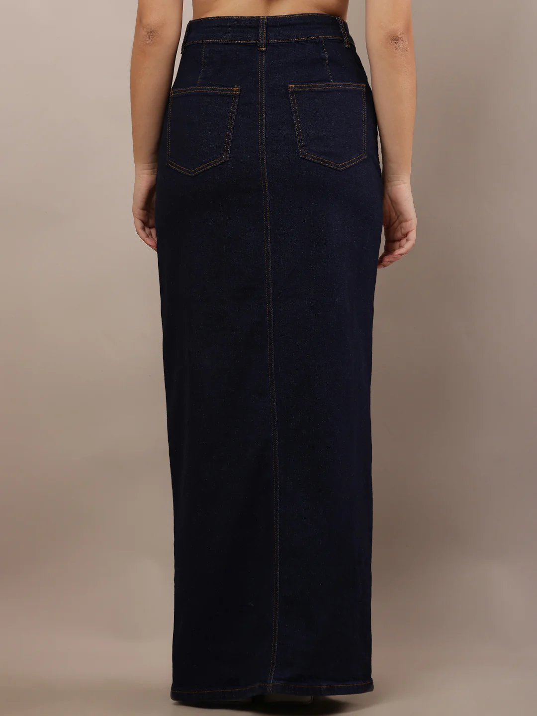 Women Dark Blue Slim Fit Denim Skirt with Slit - Image 4