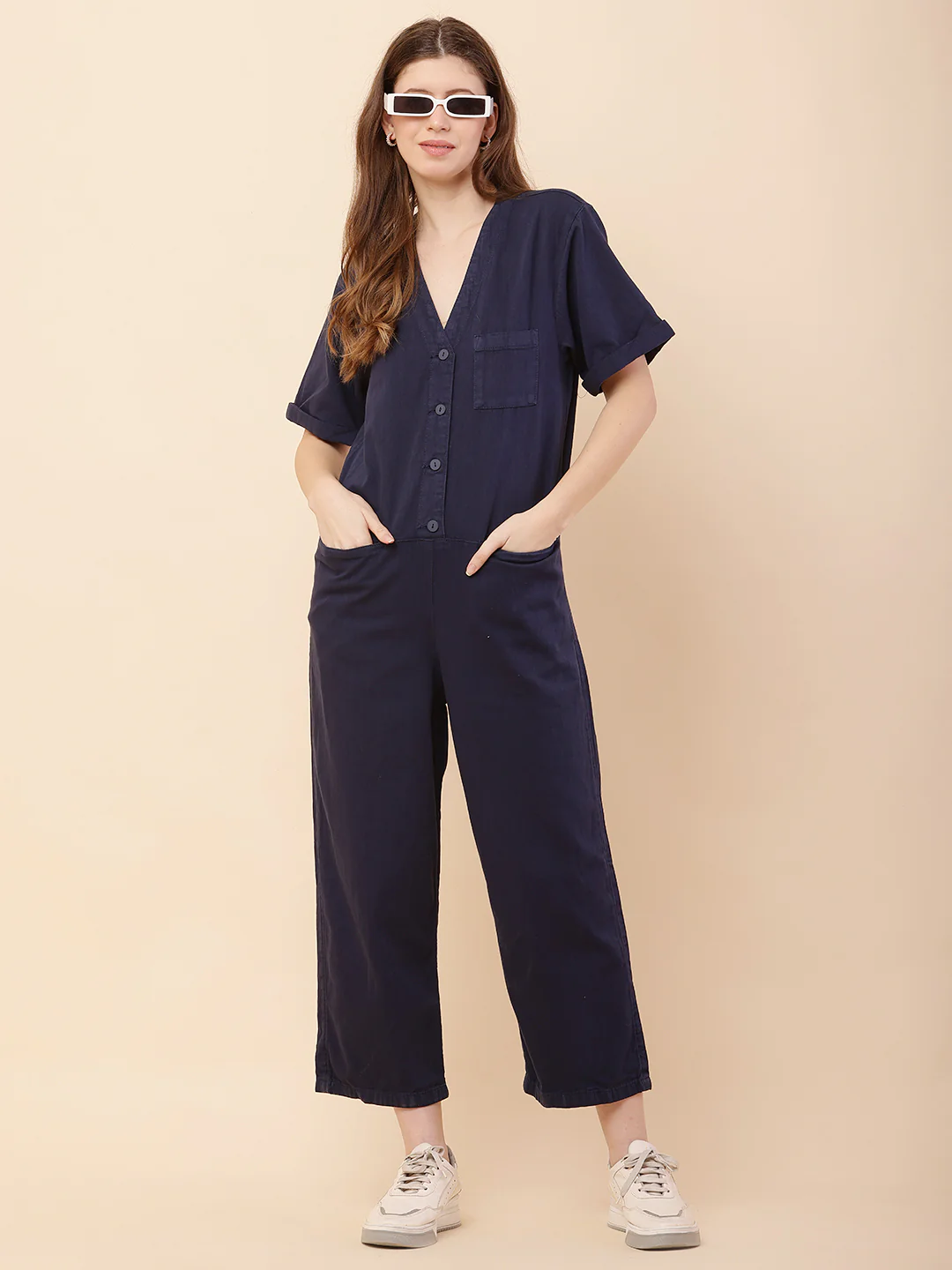 Women Dark Blue V-neck Jumpsuit - Image 2