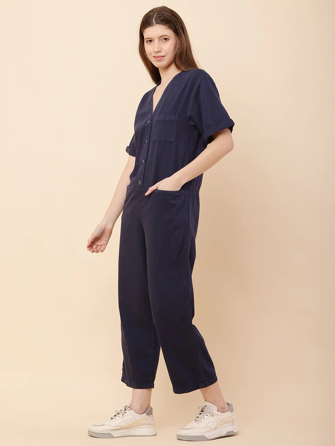Women Dark Blue V-neck Jumpsuit - Image 3