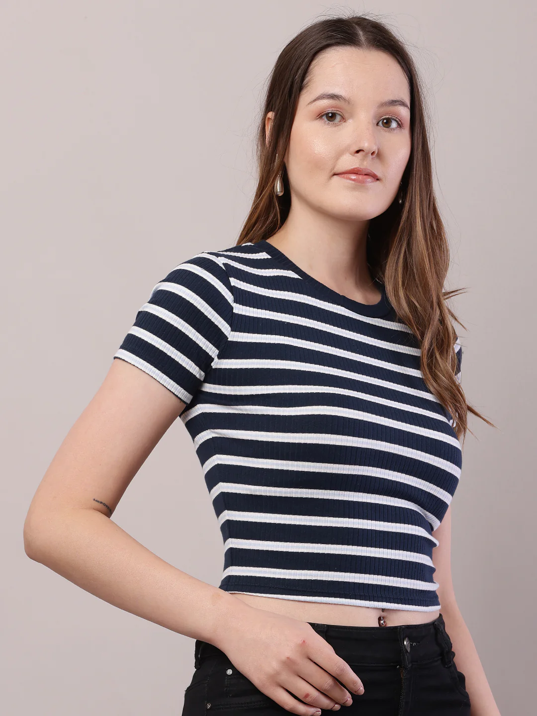 Women Dark Blue-White Cotton Round Neck Stripe Top - Image 2