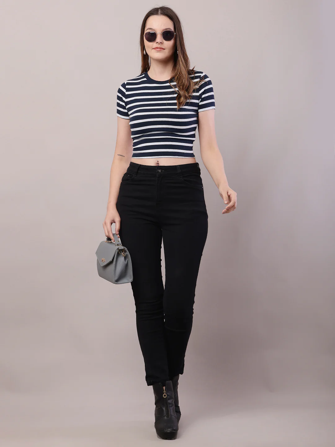 Women Dark Blue-White Cotton Round Neck Stripe Top - Image 3