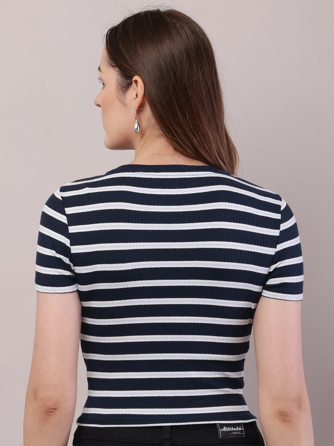 Women Dark Blue-White Cotton Round Neck Stripe Top - Image 4