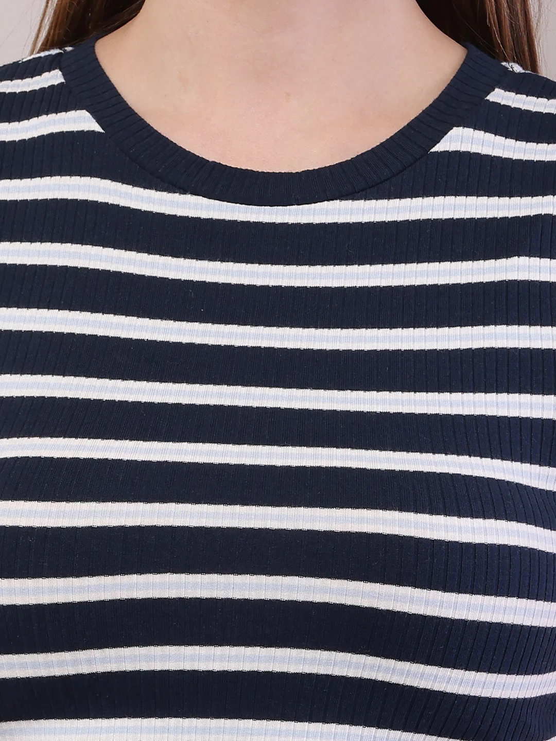 Women Dark Blue-White Cotton Round Neck Stripe Top - Image 5