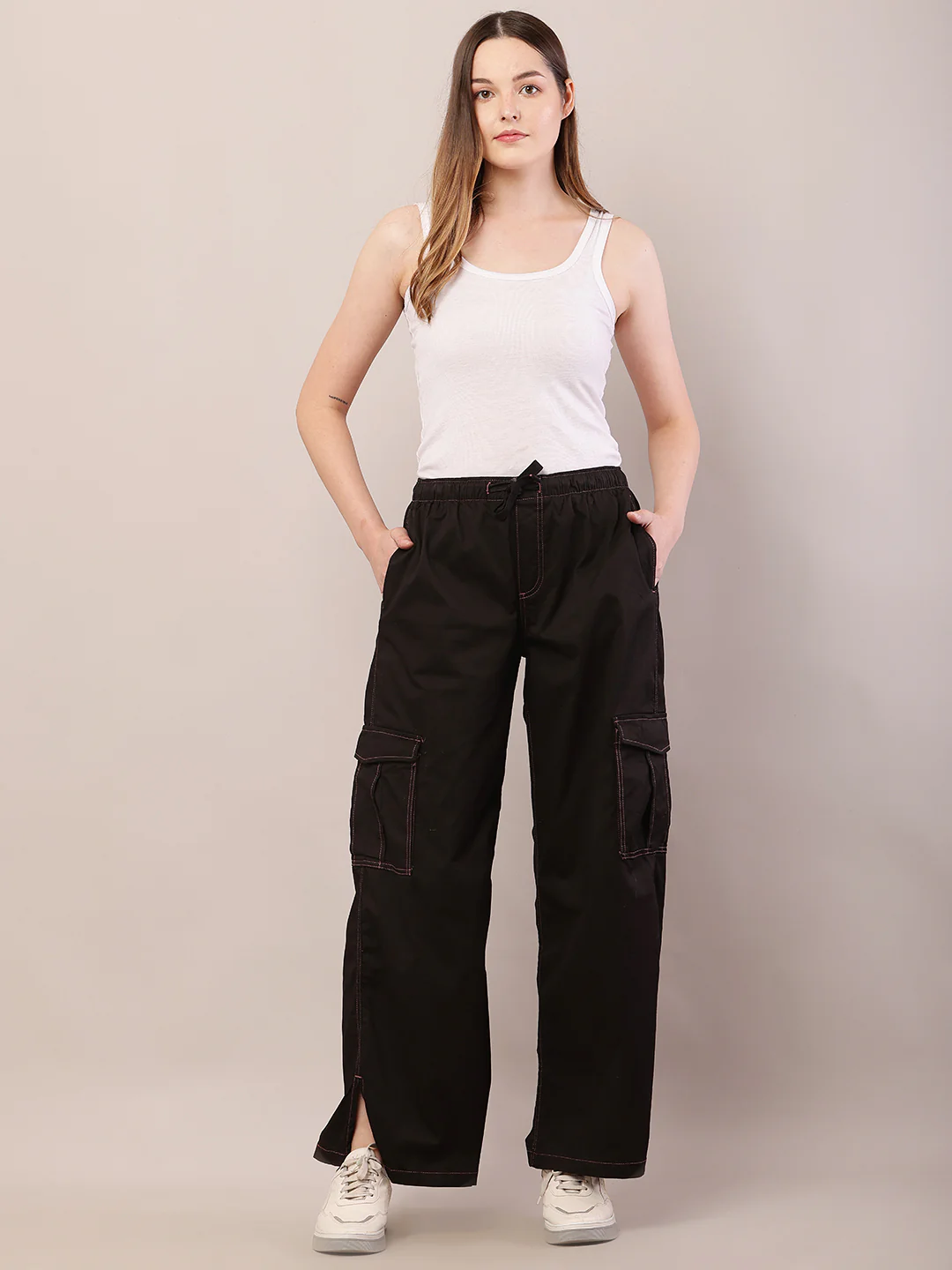 Women dark brown cotton high-rise cargo pants - Image 3