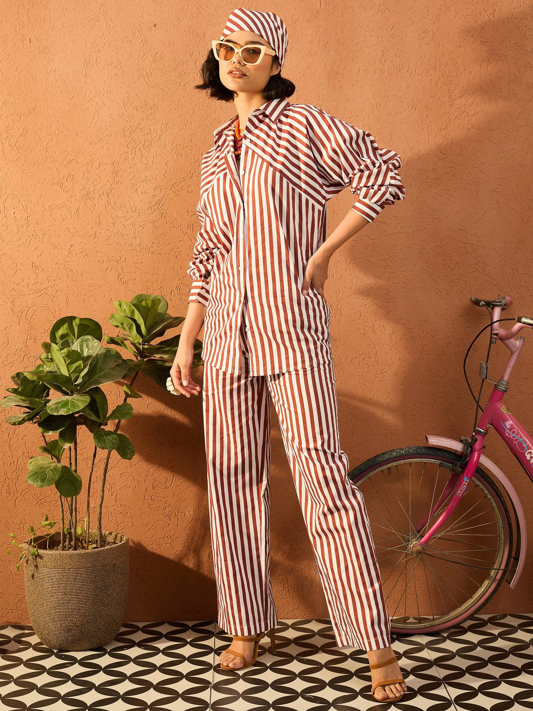 Women Dark Brown & White Stripe Shirt With Straight Pants - Image 2