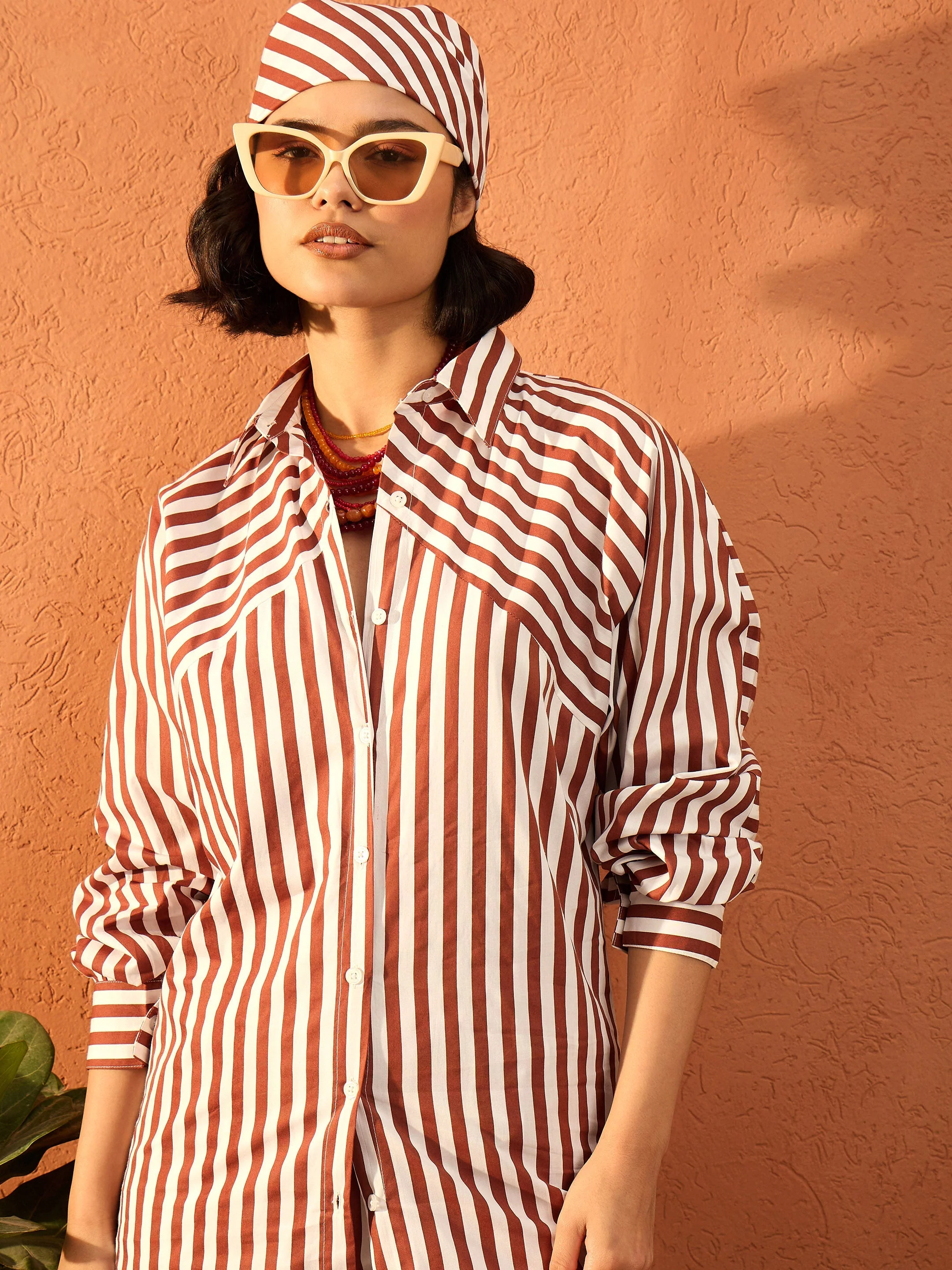 Women Dark Brown & White Stripe Shirt With Straight Pants - Image 4