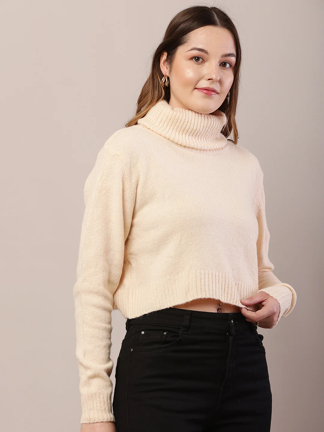 Women dark cream acrylic full sleeve high-neck sweater - Image 2