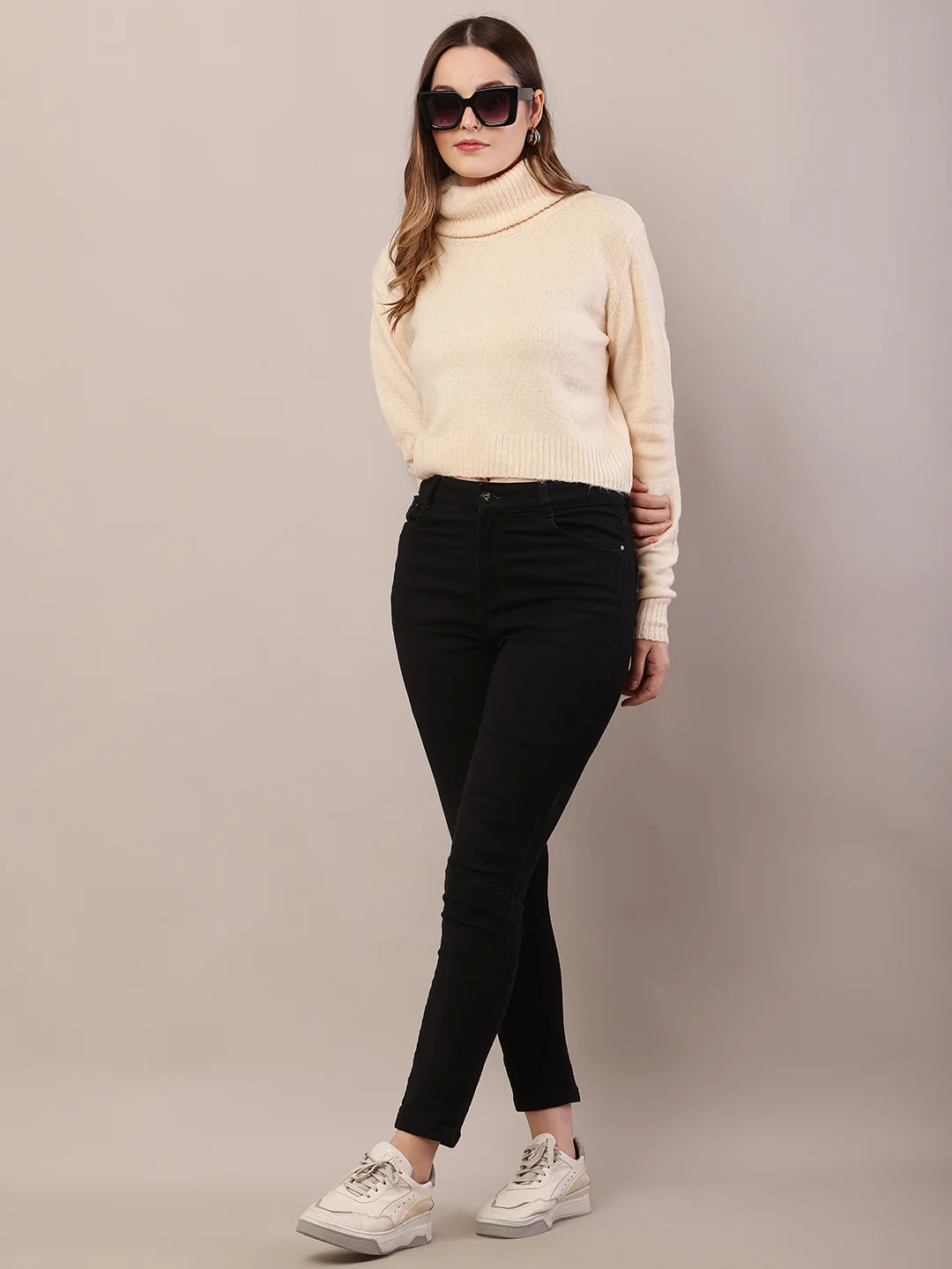 Women dark cream acrylic full sleeve high-neck sweater - Image 3