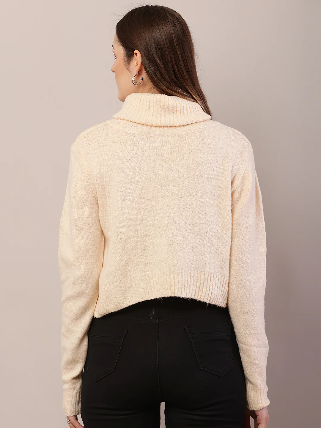 Women dark cream acrylic full sleeve high-neck sweater - Image 4