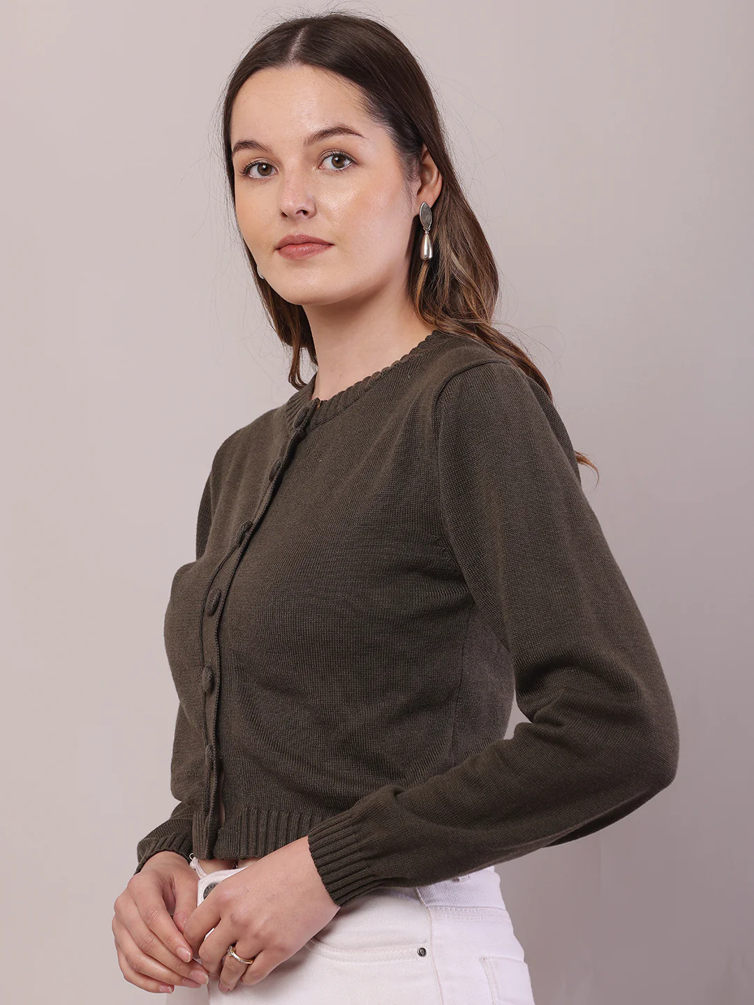 Women Dark Green Cotton Full Sleeve Cardigan - Image 2