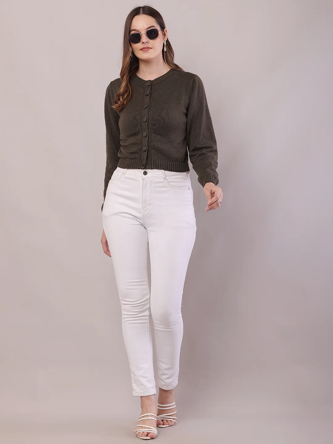 Women Dark Green Cotton Full Sleeve Cardigan - Image 3
