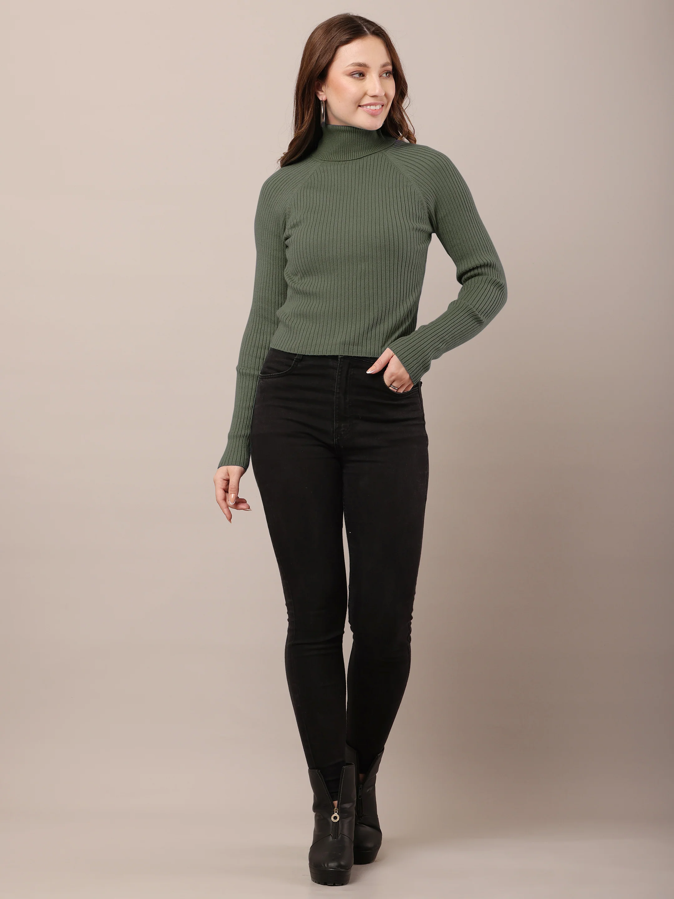 Women Dark Green Cotton Raglan High-neck Sweater - Image 3