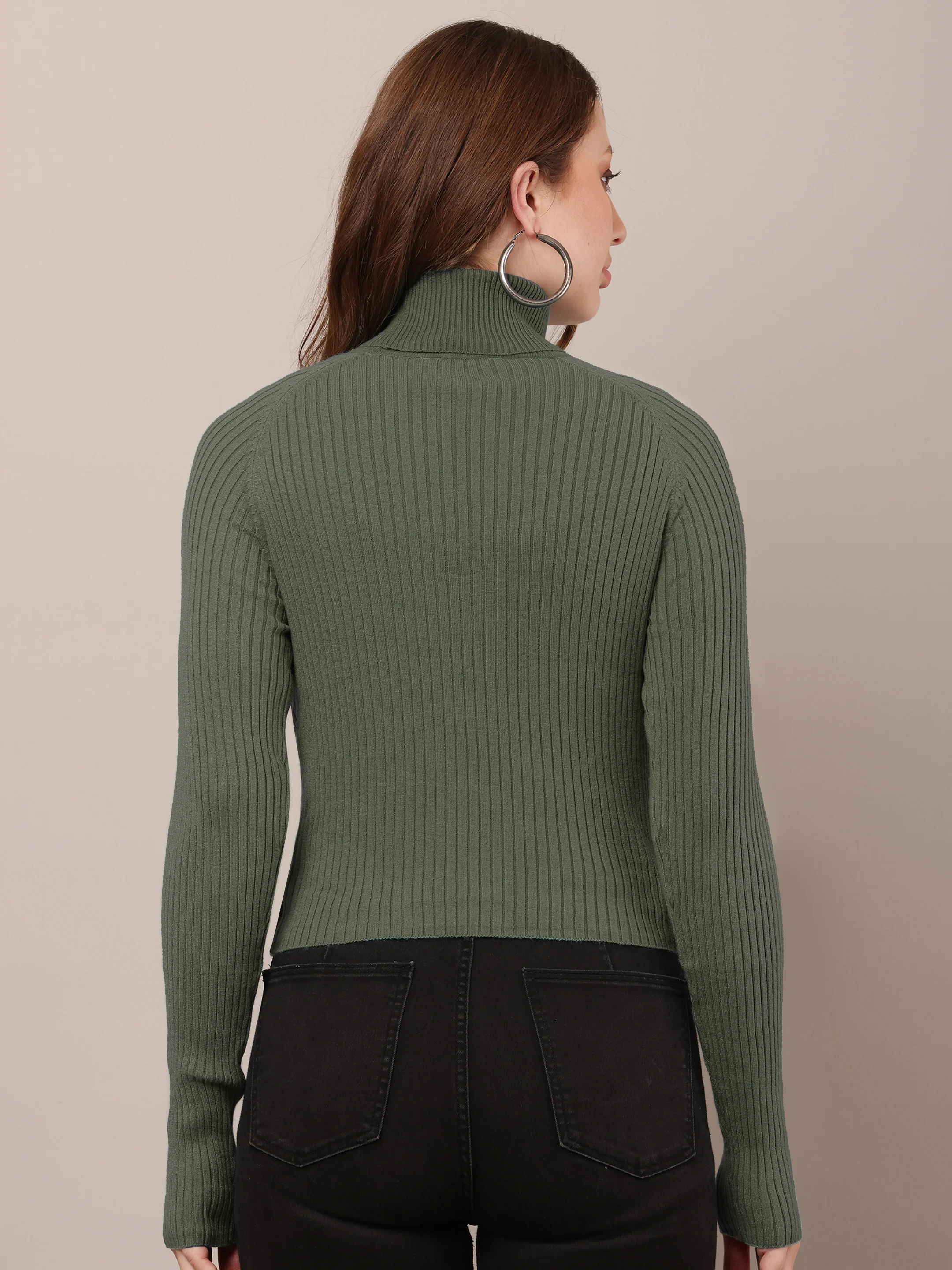 Women Dark Green Cotton Raglan High-neck Sweater - Image 4