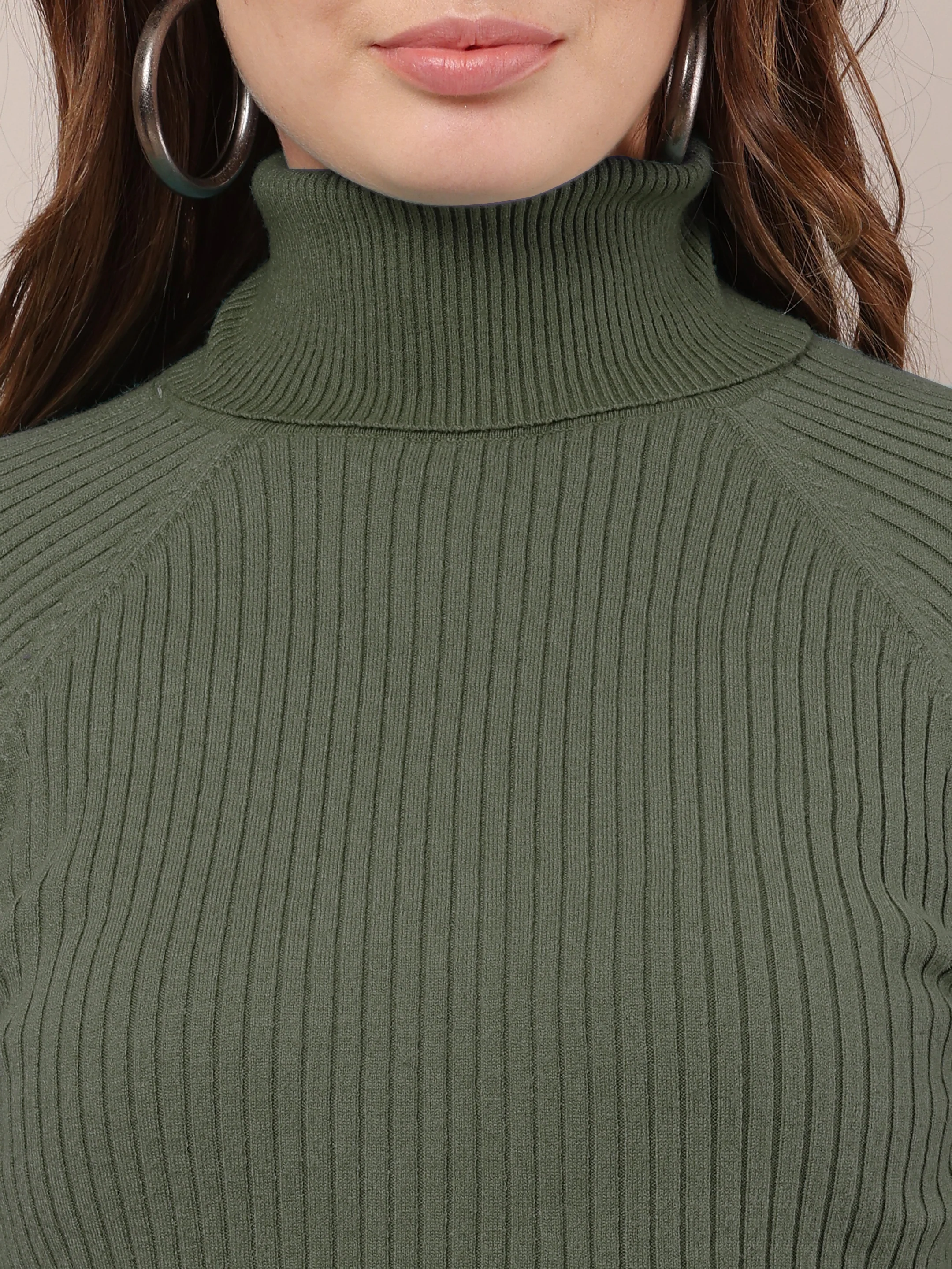 Women Dark Green Cotton Raglan High-neck Sweater - Image 5
