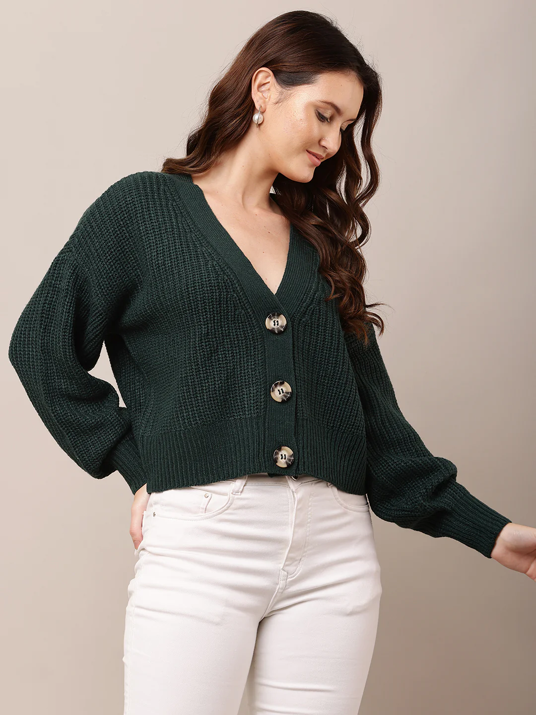 Women Dark Green V-Neck Full Sleeve Cardigan - Image 2