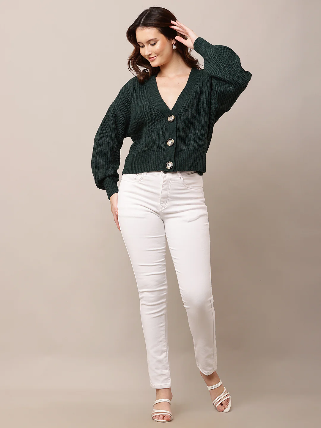 Women Dark Green V-Neck Full Sleeve Cardigan - Image 3