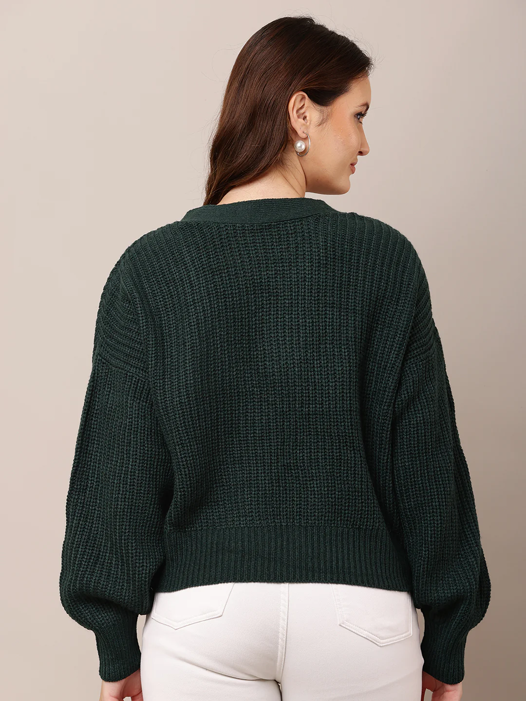Women Dark Green V-Neck Full Sleeve Cardigan - Image 4