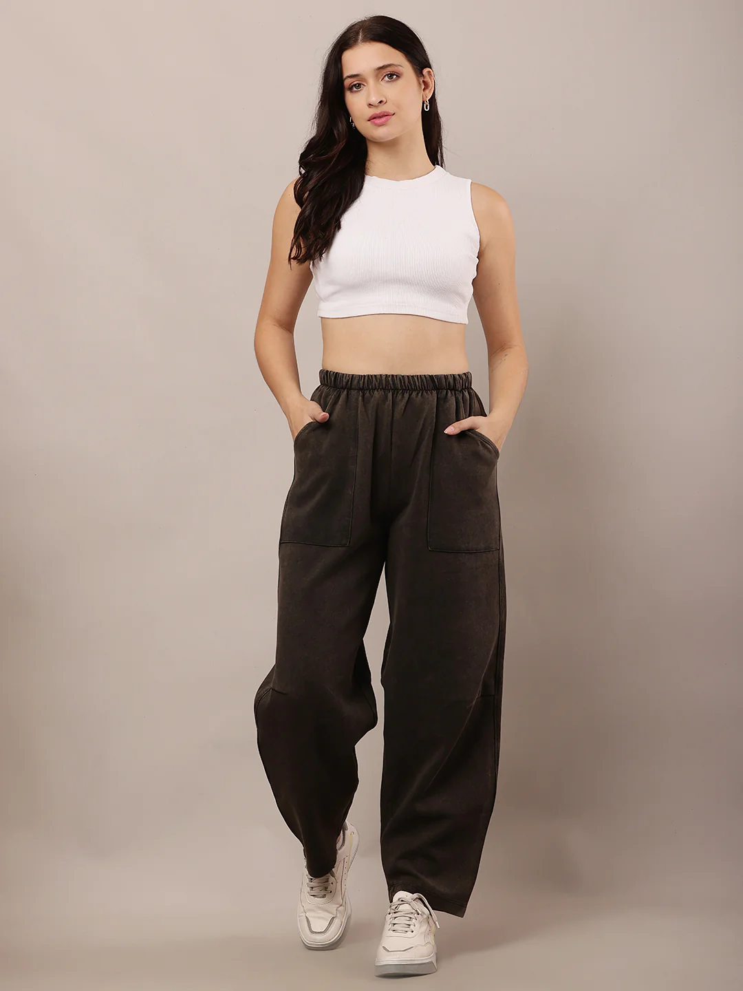 Women Dark Grey Elastic Waist Cotton Trousers - Image 3