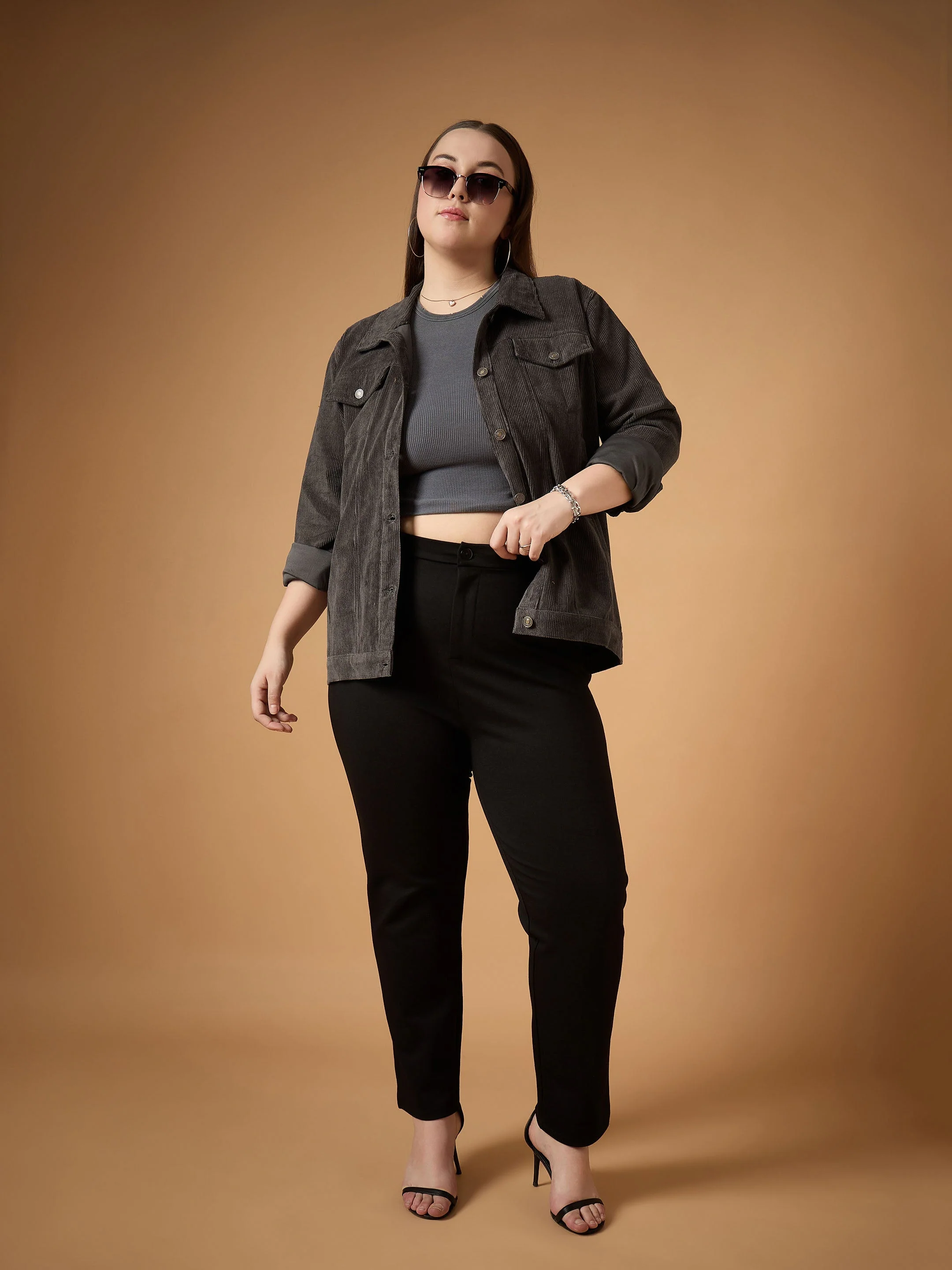 Women Dark Grey Corduroy Front Button Jacket - Image 2