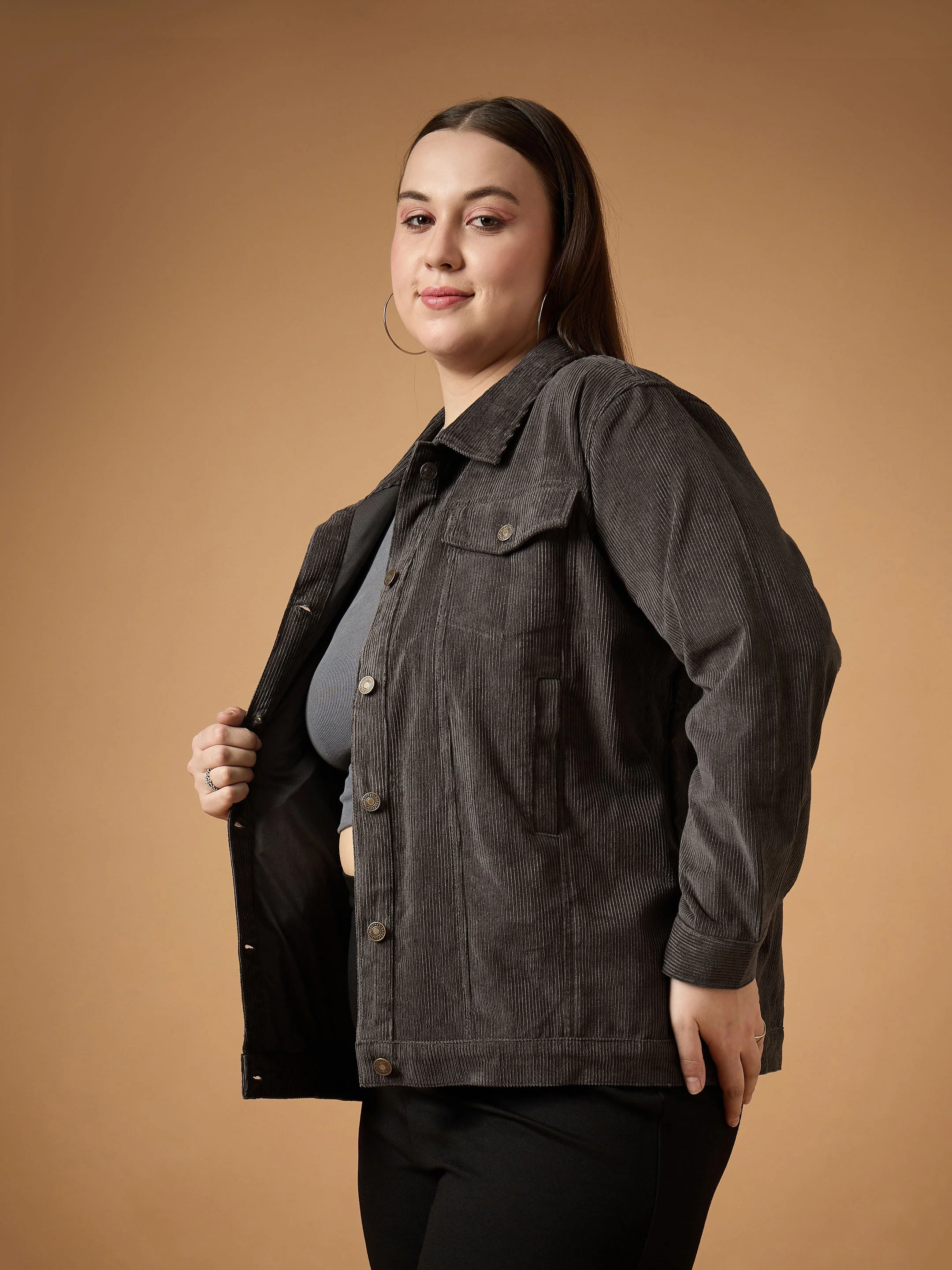 Women Dark Grey Corduroy Front Button Jacket - Image 3