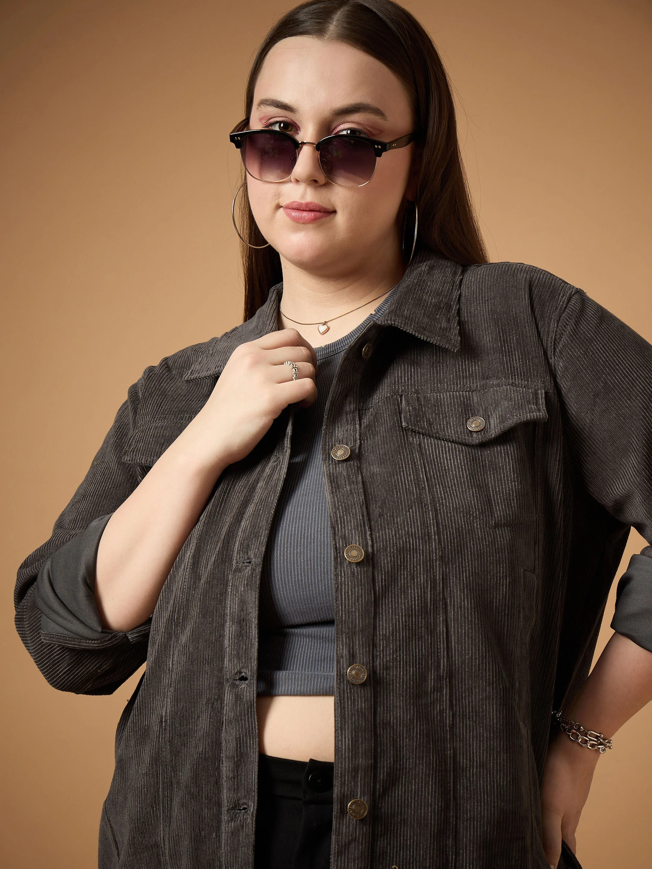 Women Dark Grey Corduroy Front Button Jacket - Image 4