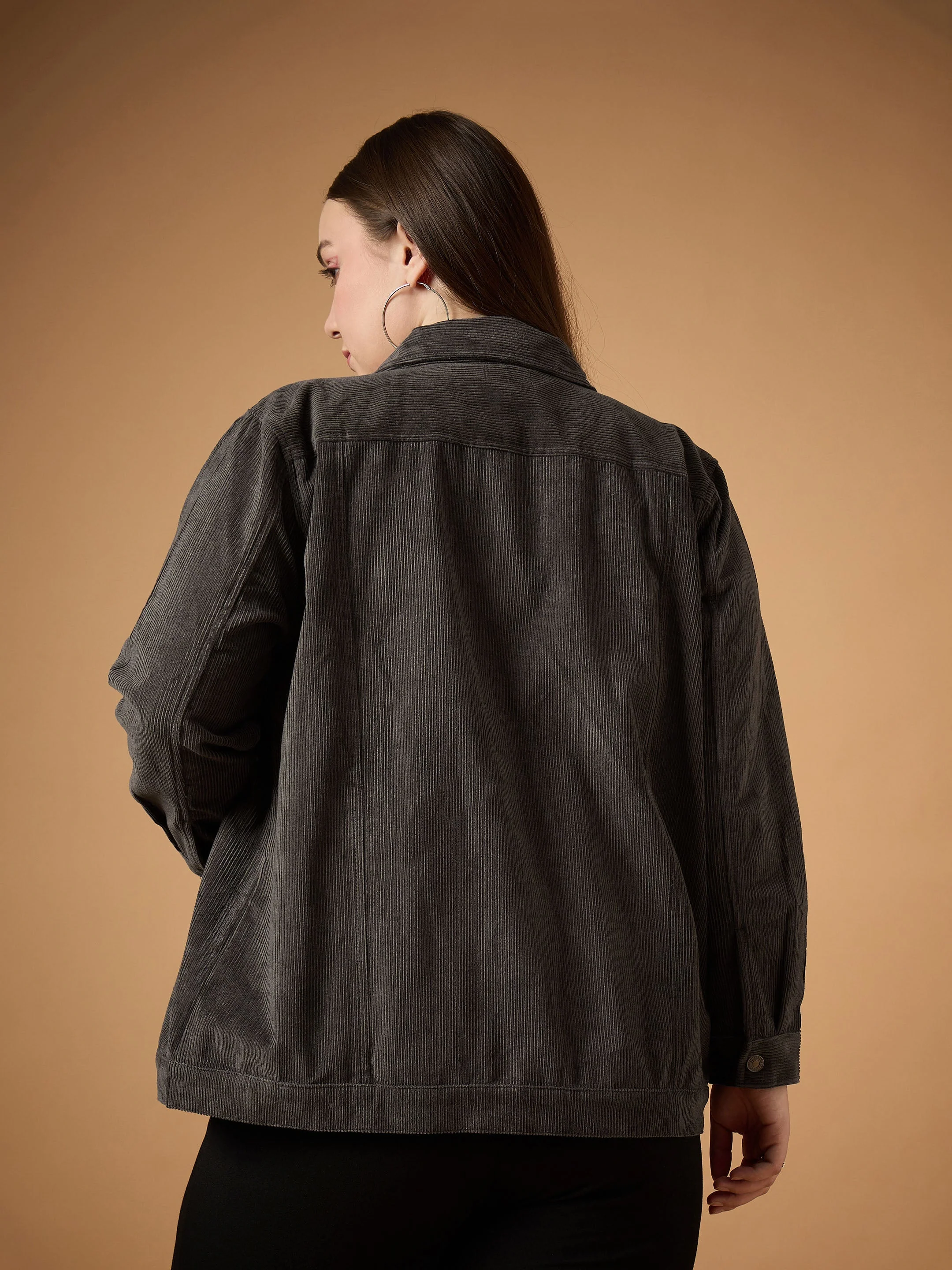 Women Dark Grey Corduroy Front Button Jacket - Image 5