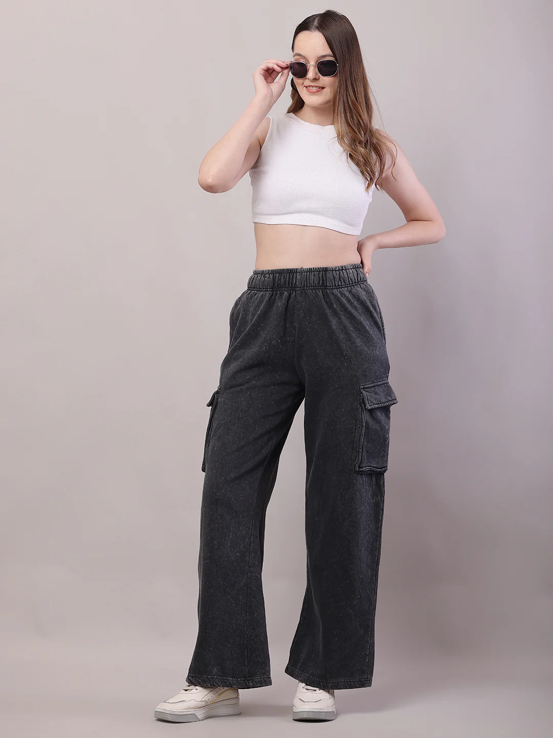Women Dark Grey Cotton Baggy Cargo Pant - Image 3