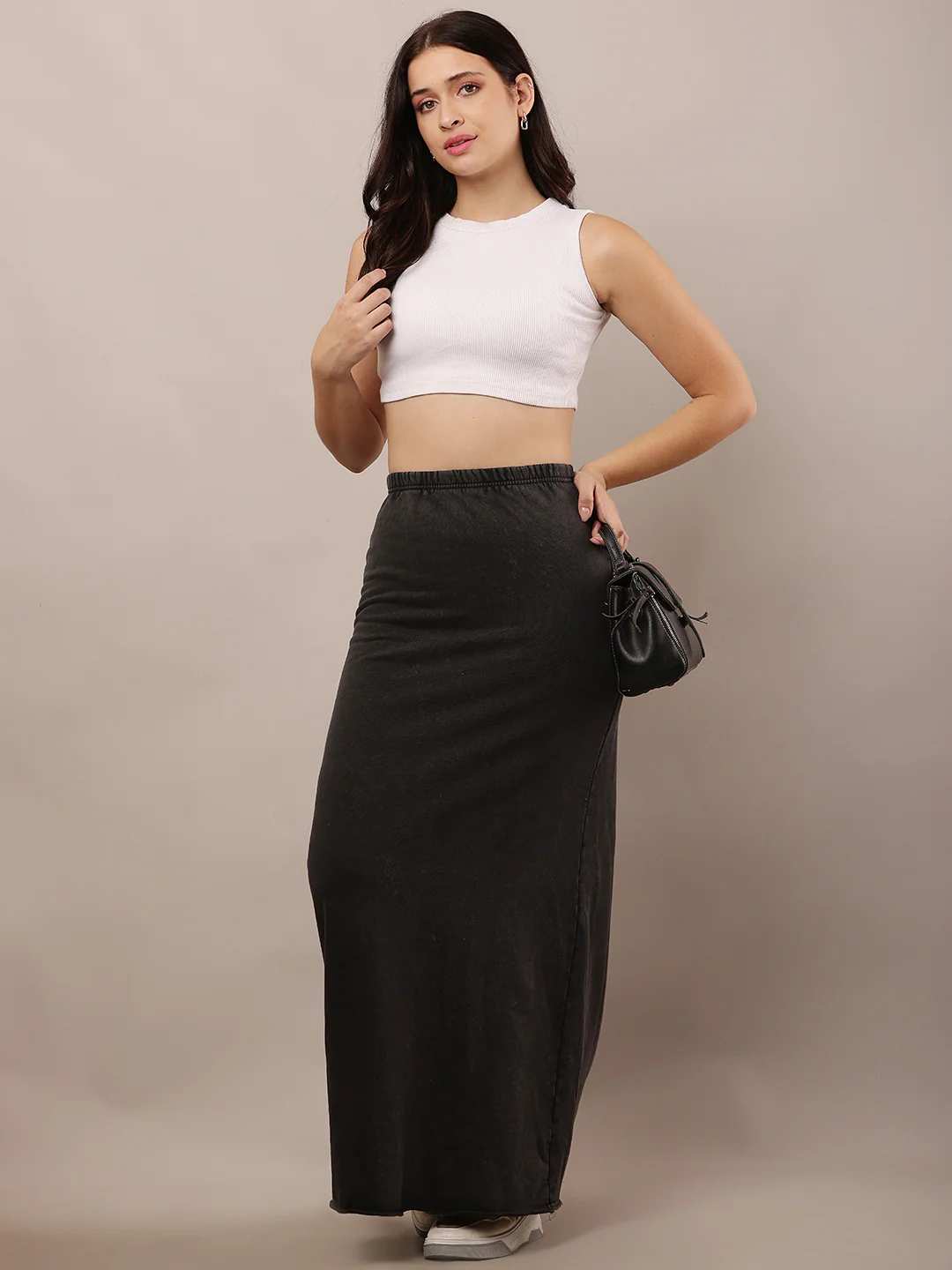 Women Dark Grey Elastic Waist A-Line Maxi Skirt - Image 3