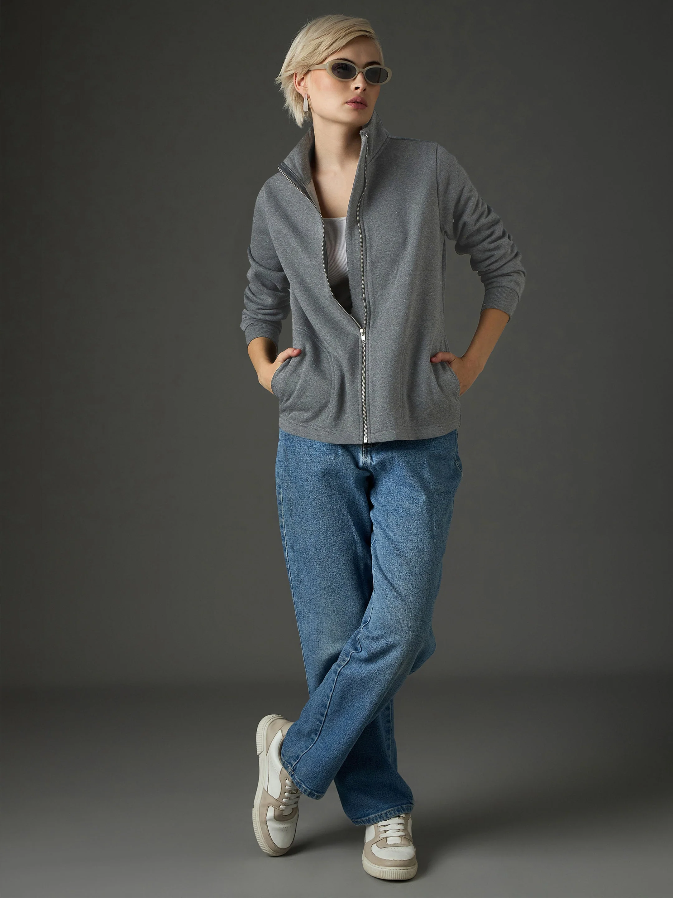 Women Dark Grey Fleece Front Zipper Jacket - Image 2