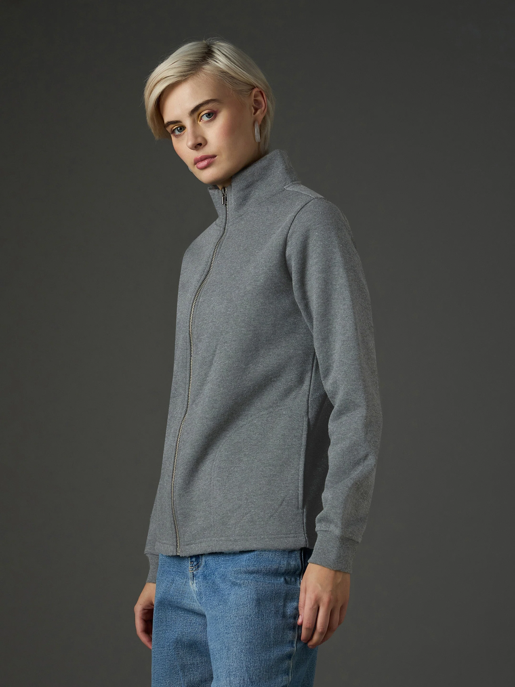 Women Dark Grey Fleece Front Zipper Jacket - Image 3