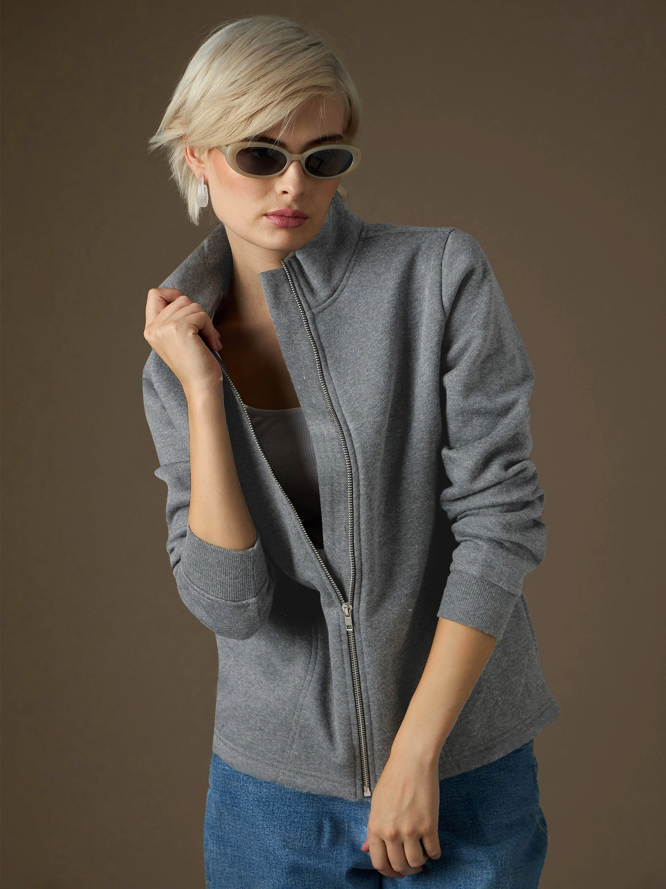 Women Dark Grey Fleece Front Zipper Jacket - Image 4