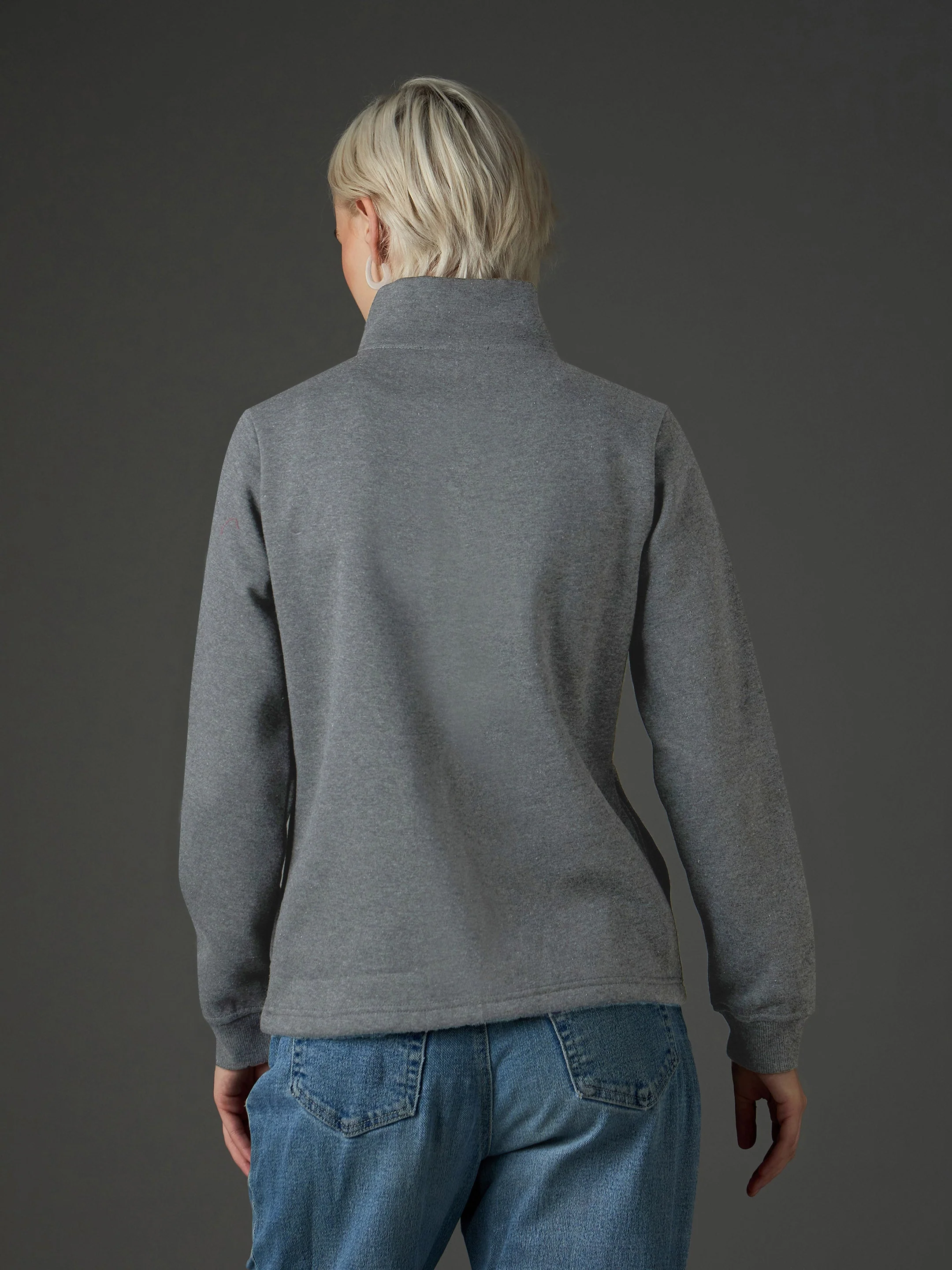 Women Dark Grey Fleece Front Zipper Jacket - Image 5