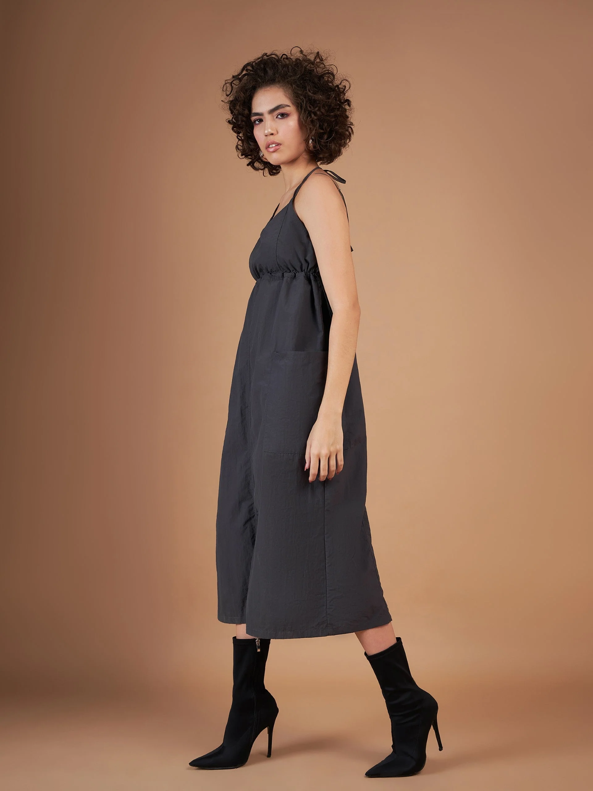 Women Dark Grey Front Pockets Parachute Dungaree Dress - Image 3