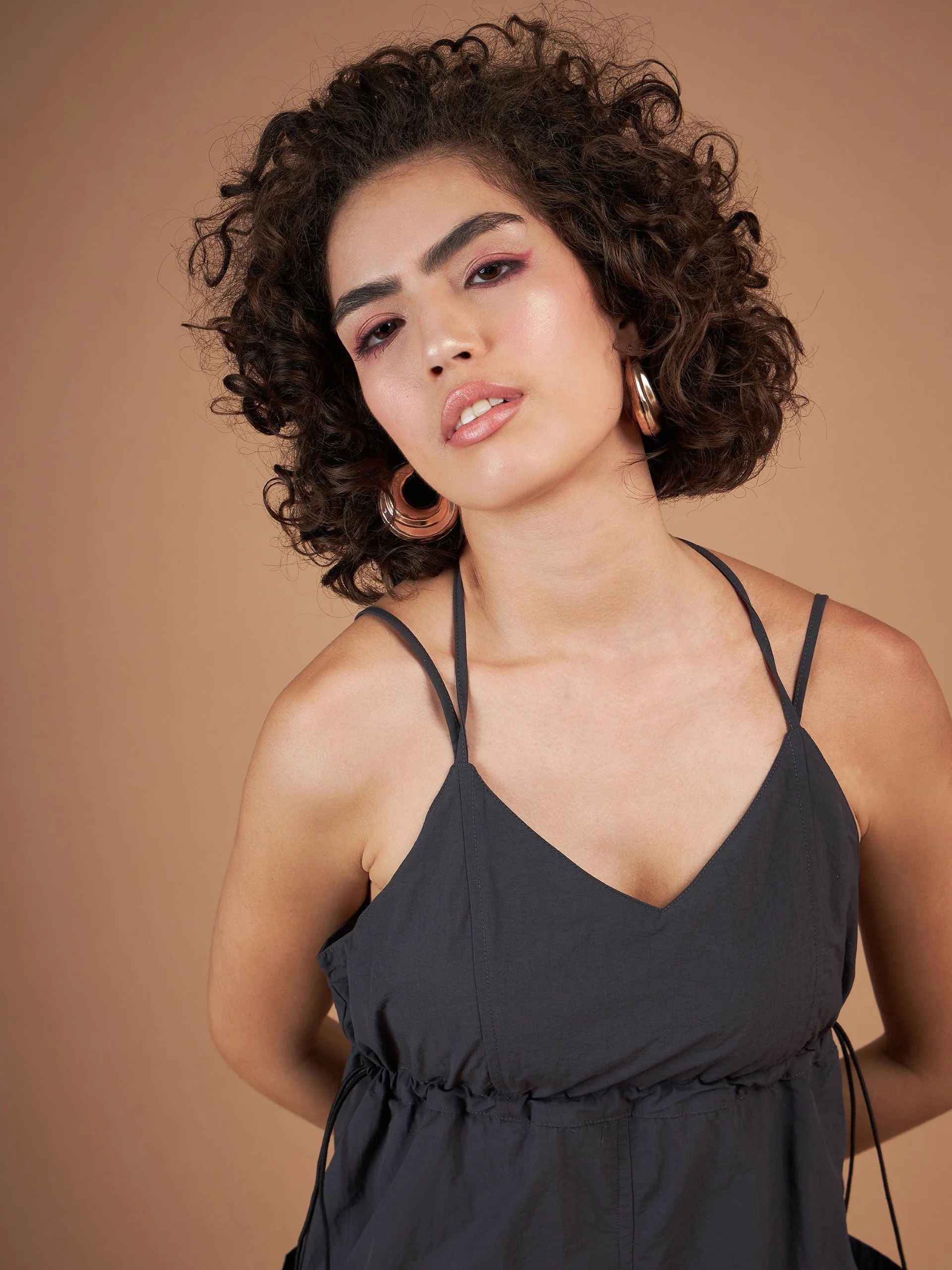 Women Dark Grey Front Pockets Parachute Dungaree Dress - Image 4