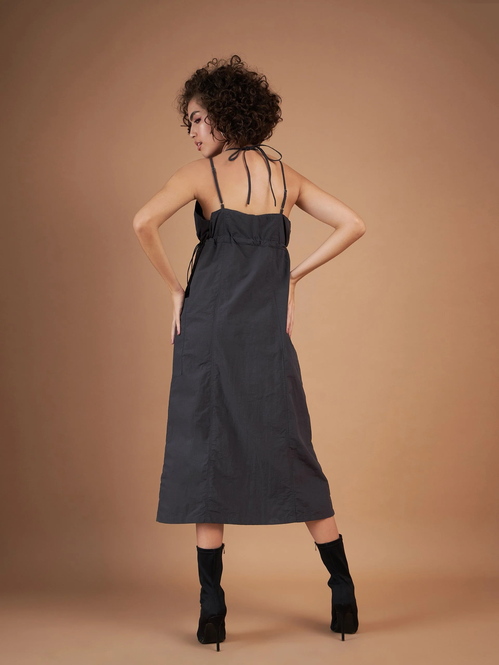 Women Dark Grey Front Pockets Parachute Dungaree Dress - Image 5