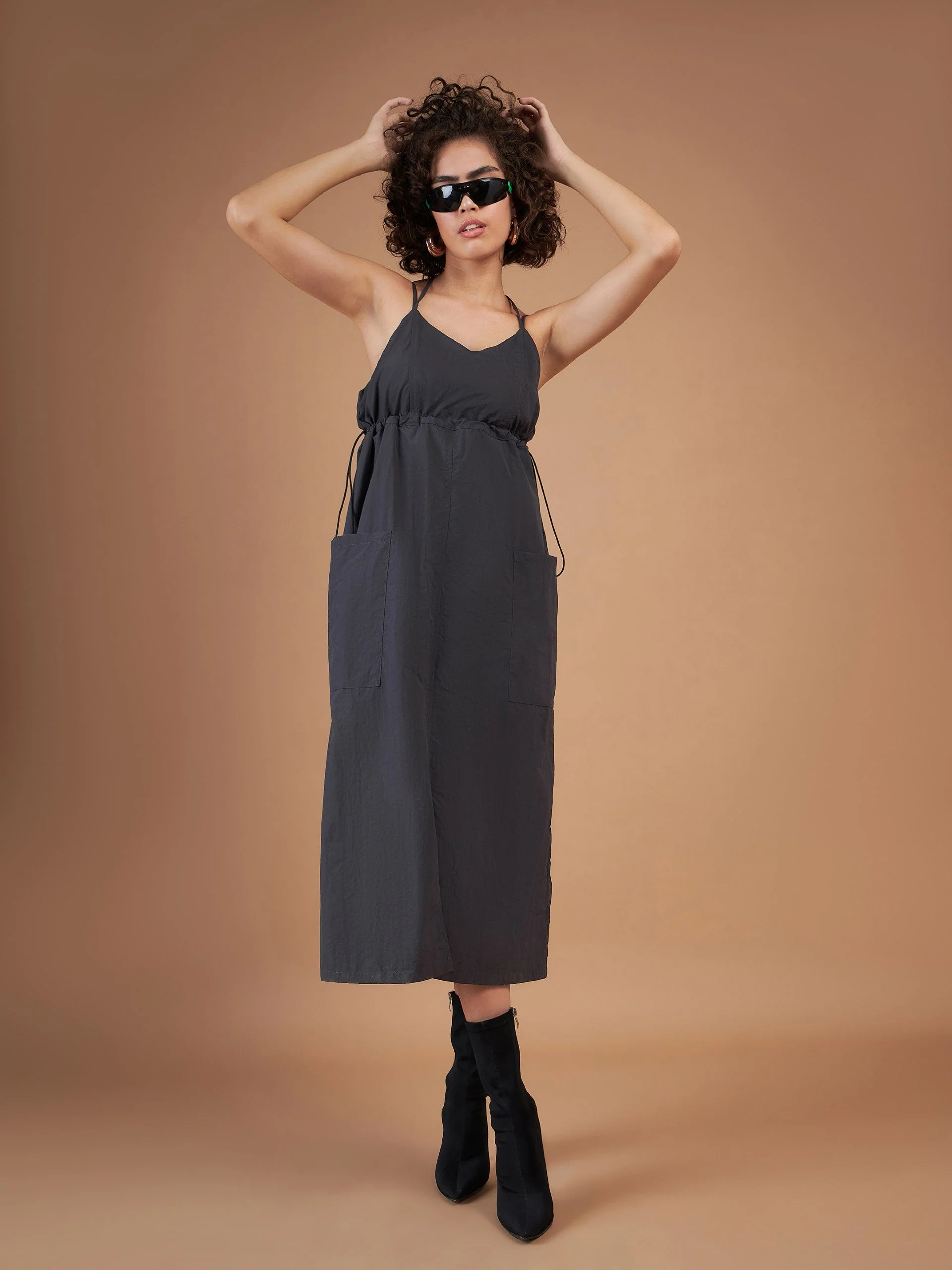 Women Dark Grey Front Pockets Parachute Dungaree Dress - Image 6