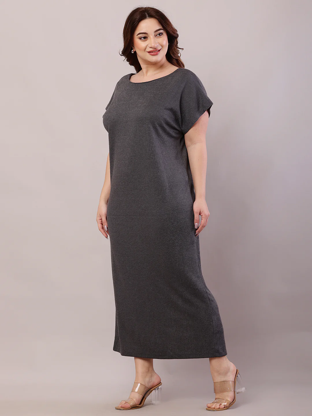 Women Dark Grey Polyester Boat Neck Maxi Dress - Image 3