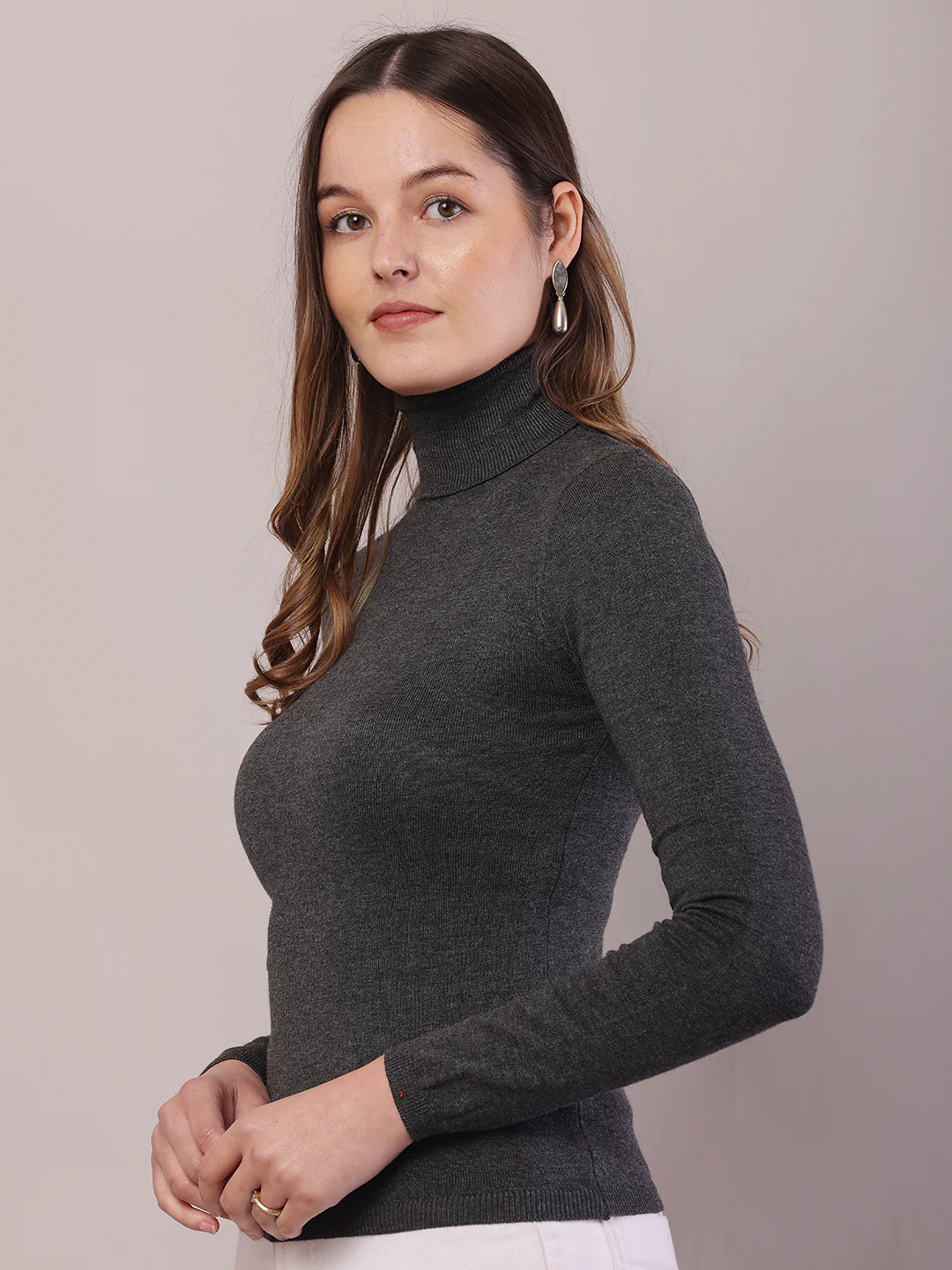 Women Dark Grey Viscose Full Sleeve Sweater - Image 2