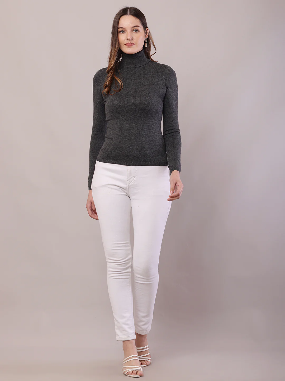 Women Dark Grey Viscose Full Sleeve Sweater - Image 3