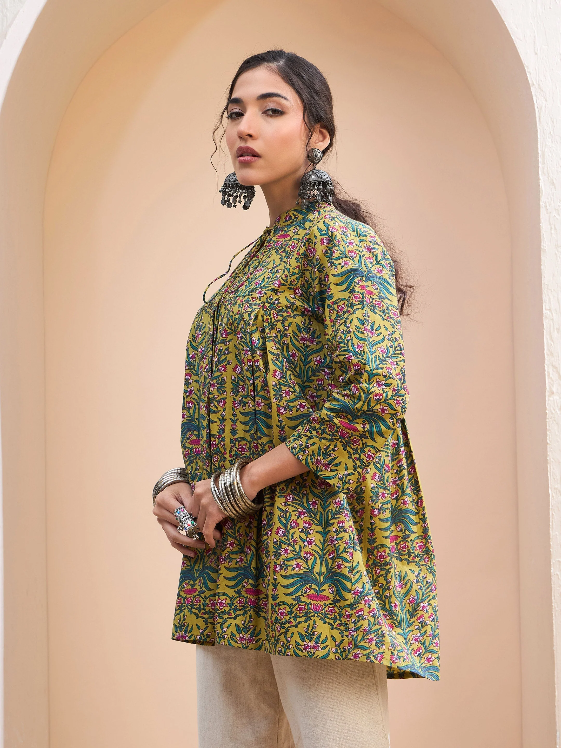 Women Dark Mustard Floral Cambric Front Tie Knot Kurti - Image 3