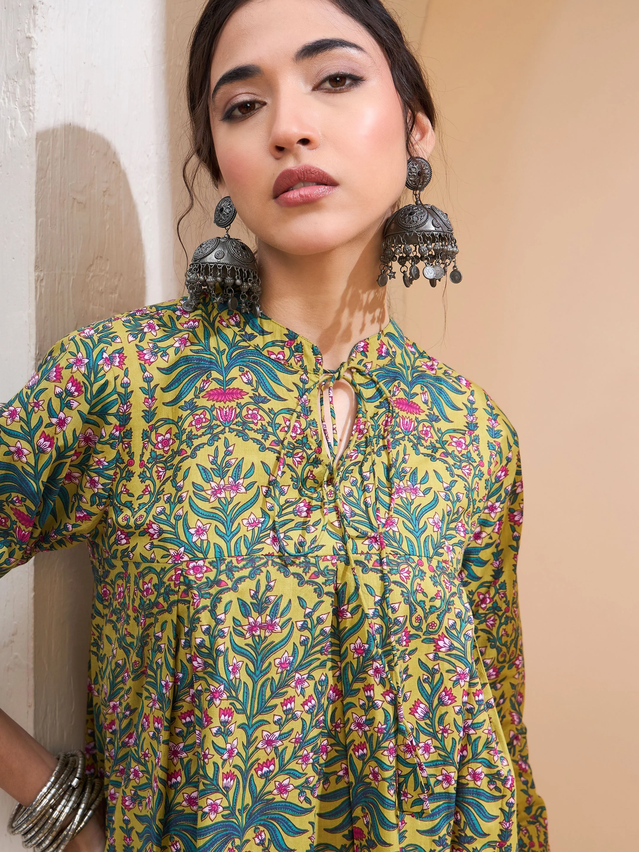 Women Dark Mustard Floral Cambric Front Tie Knot Kurti - Image 4
