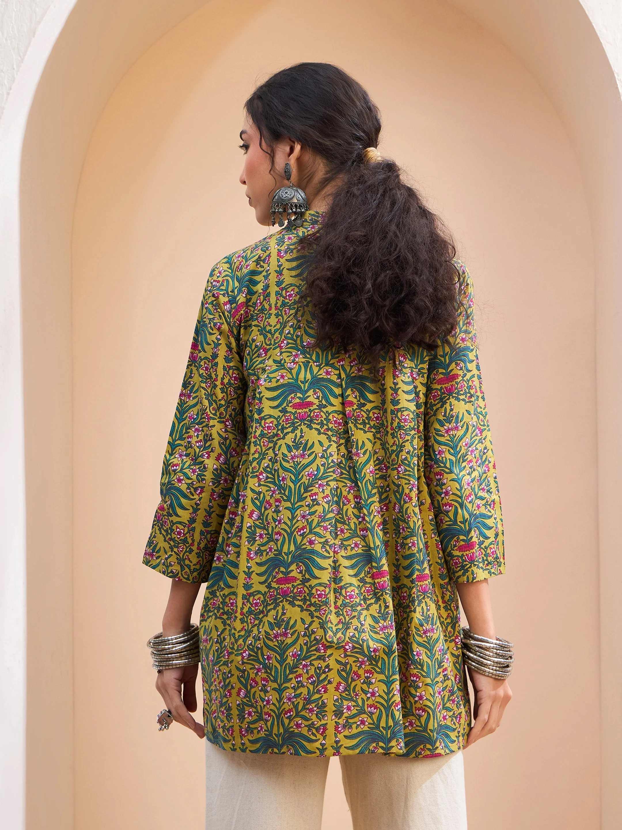 Women Dark Mustard Floral Cambric Front Tie Knot Kurti - Image 5