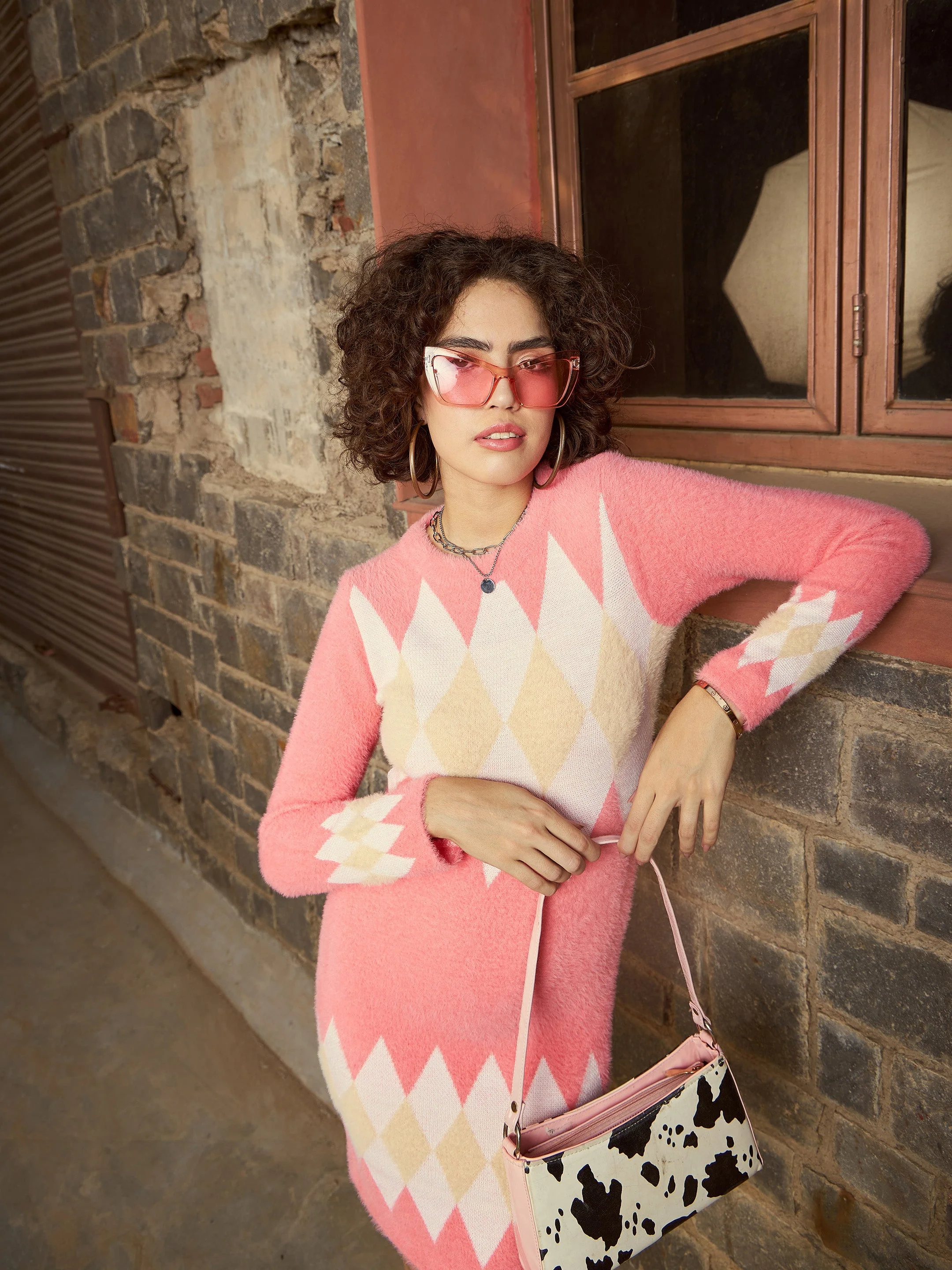 Women Dark Pink Geo Woolen Sweater Dress - Image 5