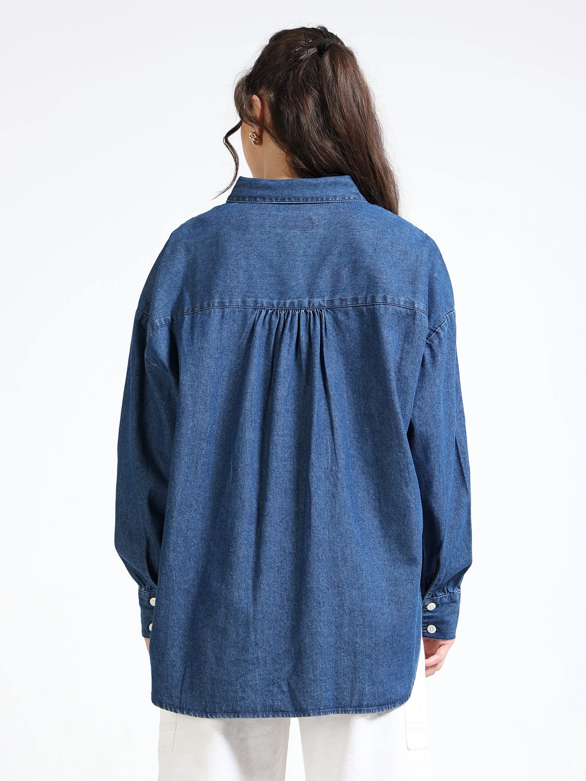 Women Denim Blue Pearl Shirt - Image 2