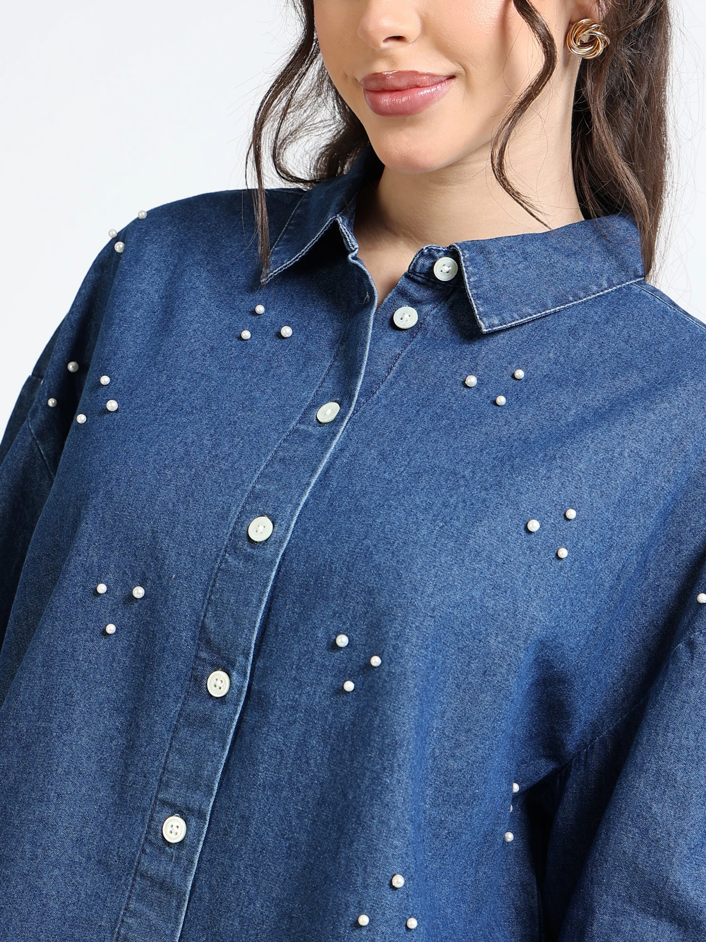Women Denim Blue Pearl Shirt - Image 3