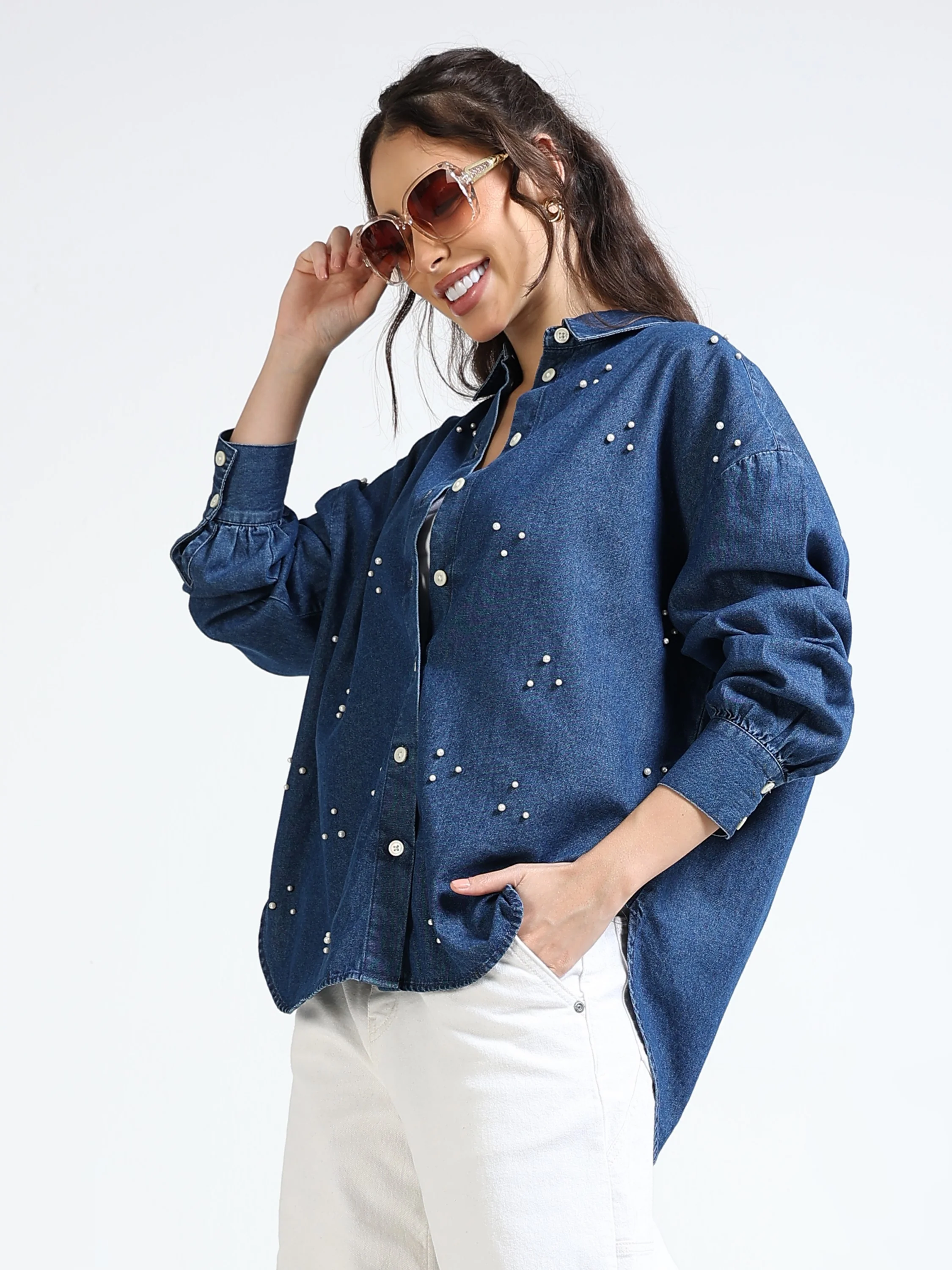 Women Denim Blue Pearl Shirt - Image 4